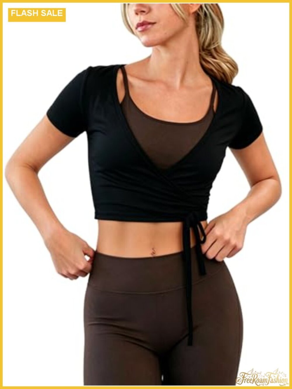 Y2K Women's Ballet Wrap Crop Top Short Sleeve Workout Yoga Tee Tie Front Cover